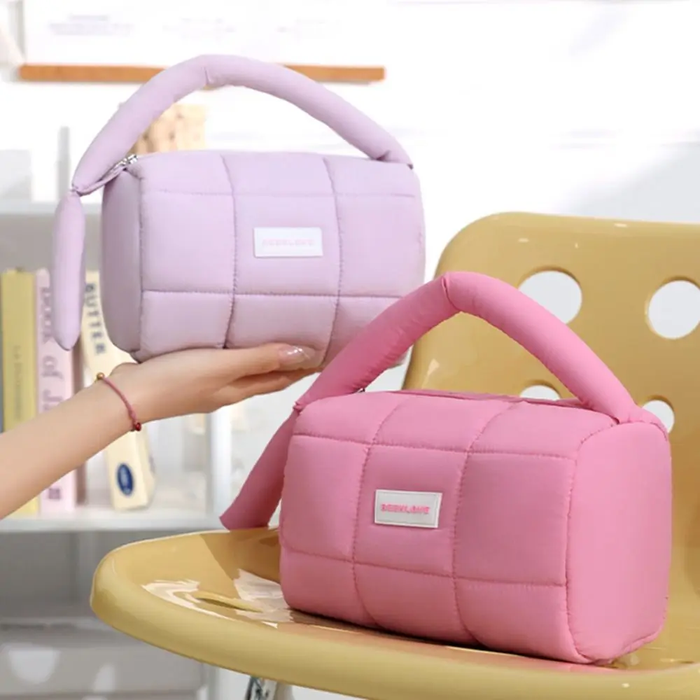 Fashion Solid Color Puffy Makeup Bag Large Capacity Zipper Travel Quilted Toiletry Bag Handbag Nylon Cosmetic Storage Bag