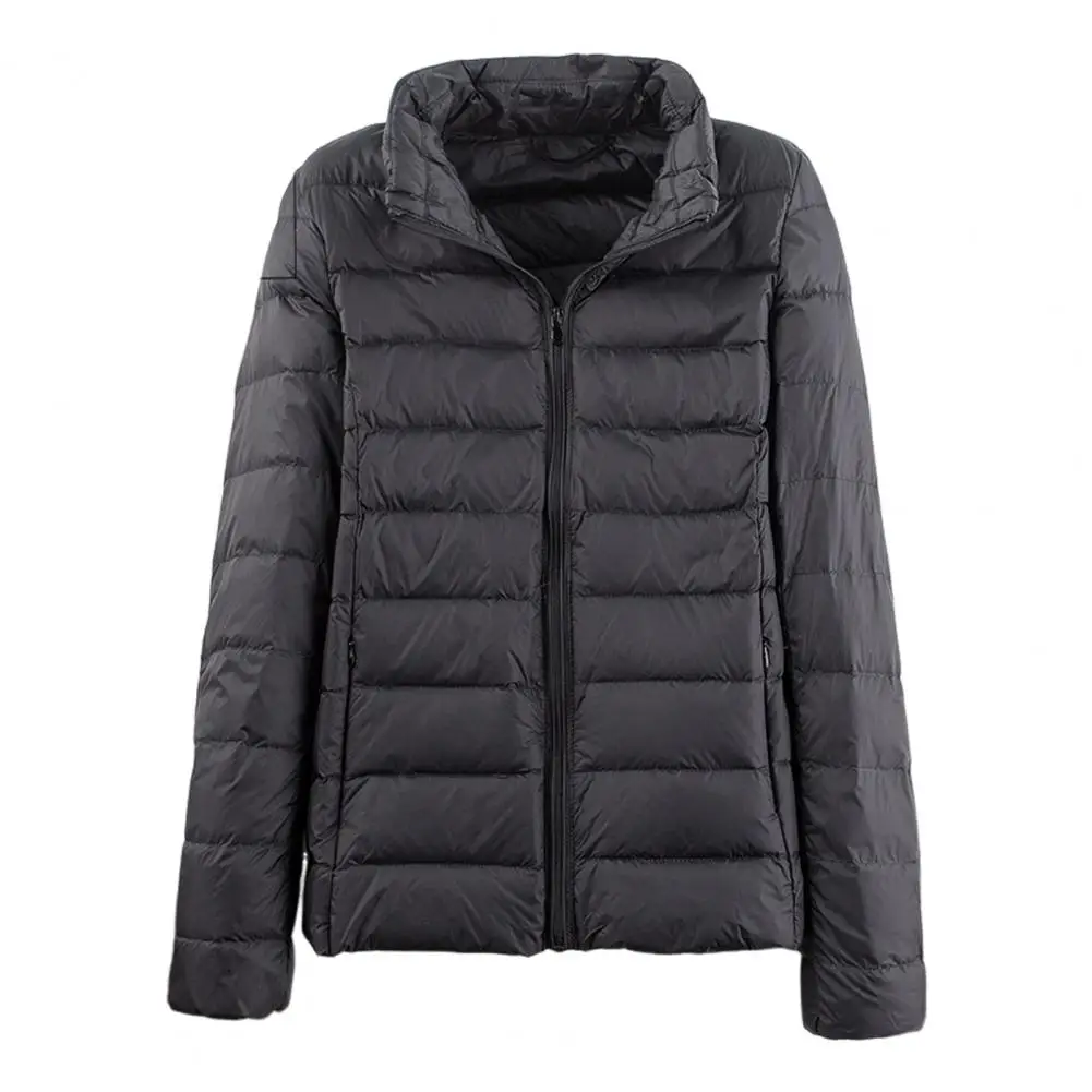 Solid Color Down Jacket Windproof Winter Down Coat with Stand Collar Pockets Zipper Closure Thickened Padded Long for Weather