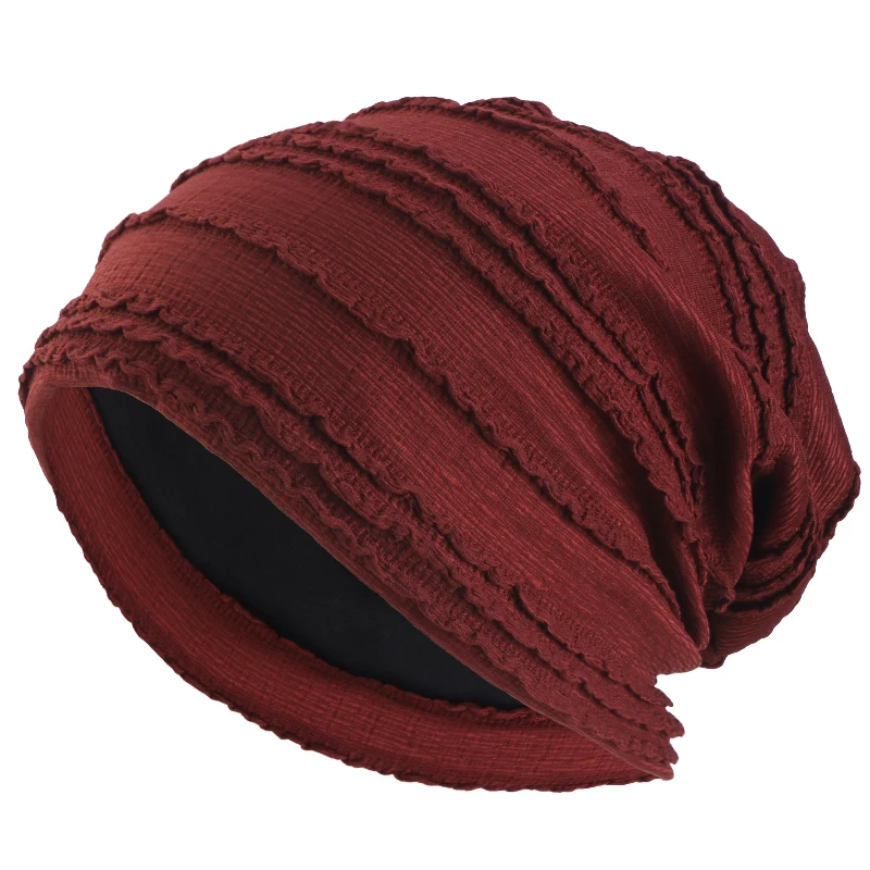 Neue doppellagige, plissierte Spitzen-Slouchy-Mütze, eleganter, geraffter Turban, Kopftuch, muslimischer Hijab, elastische, einfarbige Mütze, Chemio-Cap – Detail 5