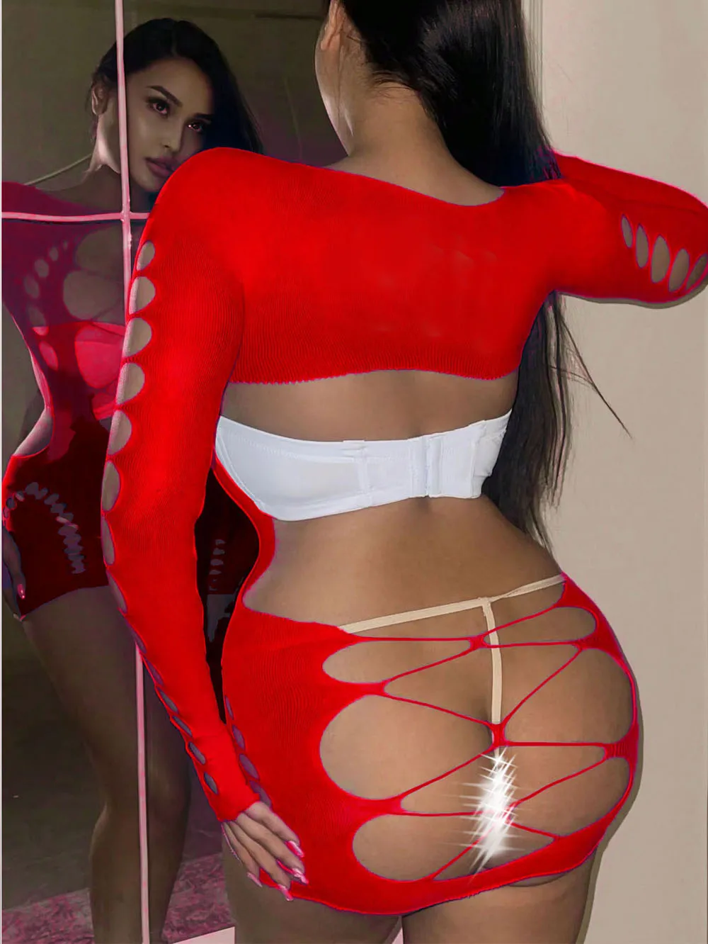 Sexy Fish Net Lingerie Babydoll perforate Underwear Translucent nightgown shoulder Teddies skirt Nightgown Costumes dress W146