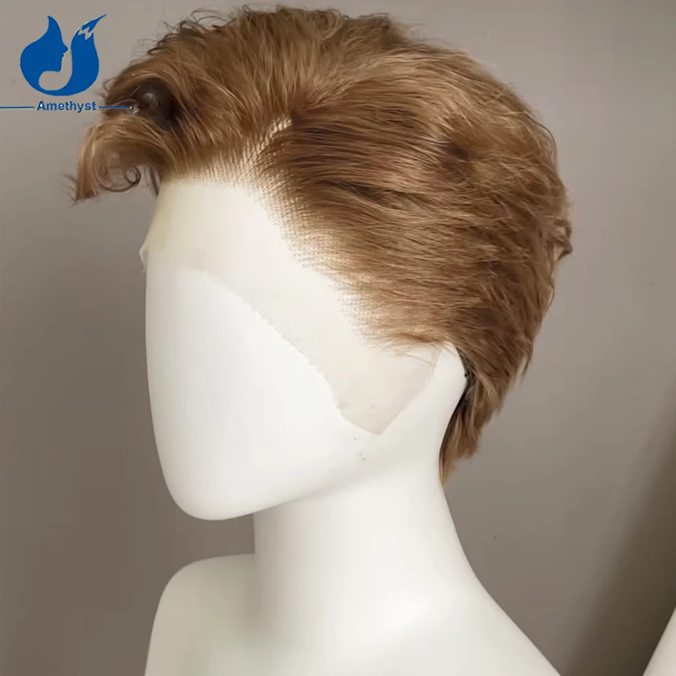 جمشت 13x6 الجانب جزء متموج الدانتيل شعر مستعار أمامي للرجال قصيرة عابث قطع البرازيلي ريمي الذكور الشعر متوسط اللون البني قبل قطعها