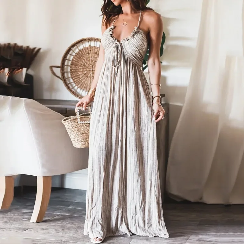 Halter sem mangas smocked decote em v balanço flowy vestido de praia para mulher a linha casual férias praia vestido de verão feminino maxi vestido de verão