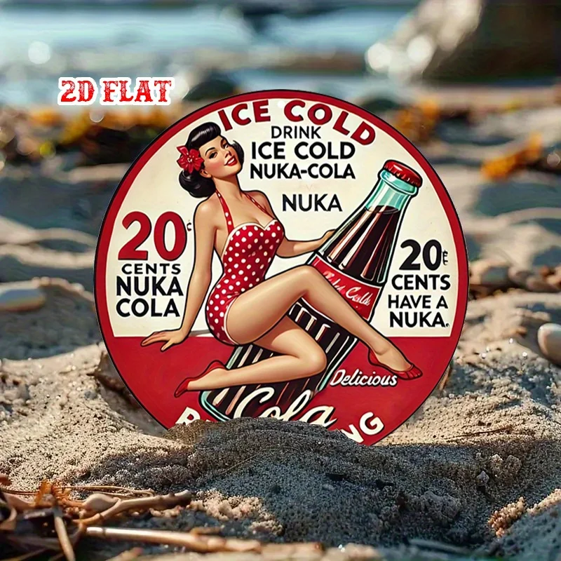 2D Flat, 1pc Retro Pin-Up 7.87x7.87 Round Aluminum Sign - Vintage Nuke Cola Ice Cold Drink Metal Tin Wall Art, Refreshing Rustic view 4