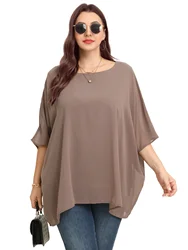 Womens Plus Size Elegant Summer Blouse Batwing Sleeve Oversized Chiffon Blouse Scoop Neck Large Size Casual Tunic Top Shirt 3XL