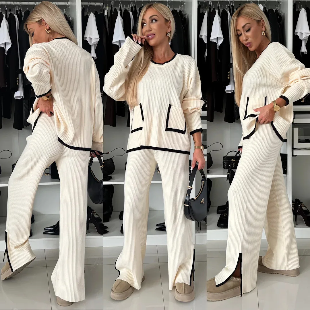 Spring Autumn Women\'s Set Two Pieces Female Contrast Pocket Knit Pullovers + Slit Wide Leg Pants Elegant 2-piece Sets For Women