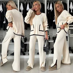 Spring Autumn Women's Set Two Pieces Female Contrast Pocket Knit Pullovers + Slit Wide Leg Pants Elegant 2-piece Sets For Women