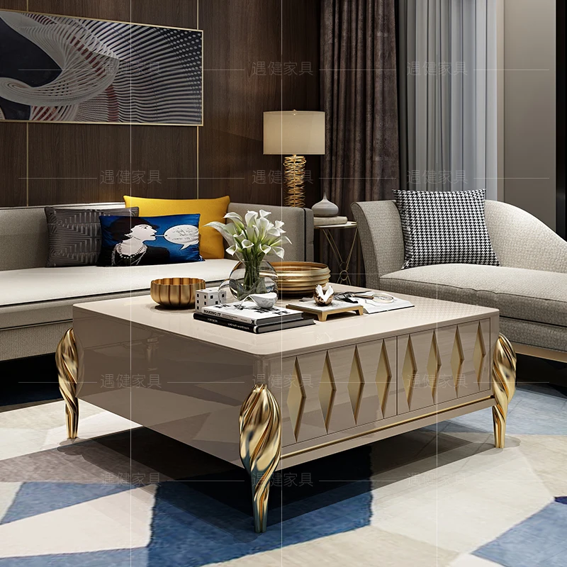 

Light luxury modern stainless steel long square coffee table neoclassical living room TV cabinet combination marble furniture