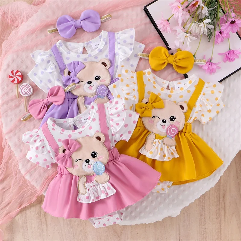 Pudcoco طفل الفتيات 2 قطعة ملابس الصيف قصيرة الأكمام الدب التطريز رومبير مع مجموعة عصابات رأس ملابس الوليد 0-18 متر