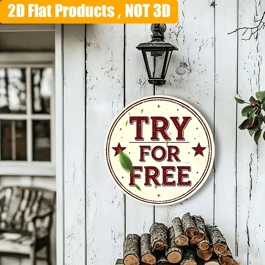 2D Flat, 2D Flat Wooden Vintage Distressed Red Star Free Try English Letter New Sign, Suitable for Indoor and Outdoor Display, f