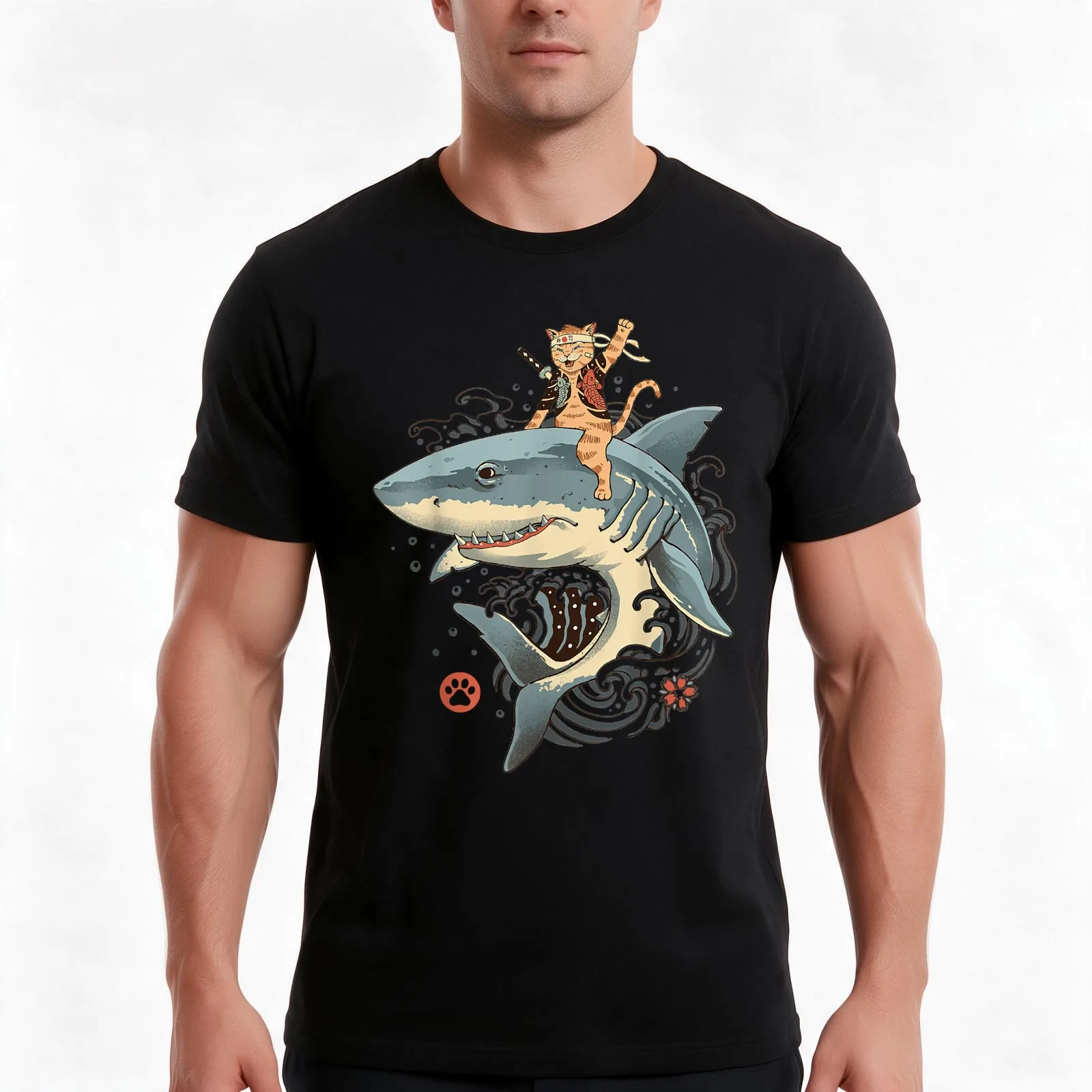 Catana cats ninja funny cute ridding Shark. T-Shirt, Summer Casual Cotton Tee, Oversized Streetwear Tops, Vintage Graphic Print