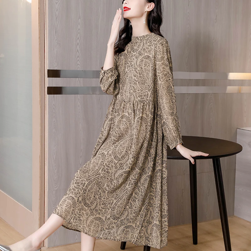 2024 New Black Print Chiffon Light Midi Dress Spring Summer Boho Elegant Loose Waist Dress Women Korean Fashion Casual Sundress