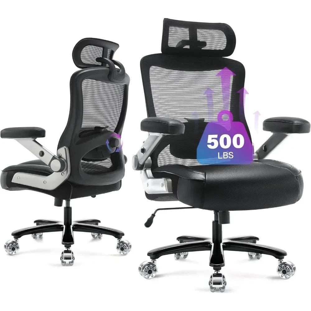 500lbs Big and Tall Office Chair- Heavy Duty Executive Computer Chair with 3D Flip Arms Large Wheels, Ergonomic Mesh High Back