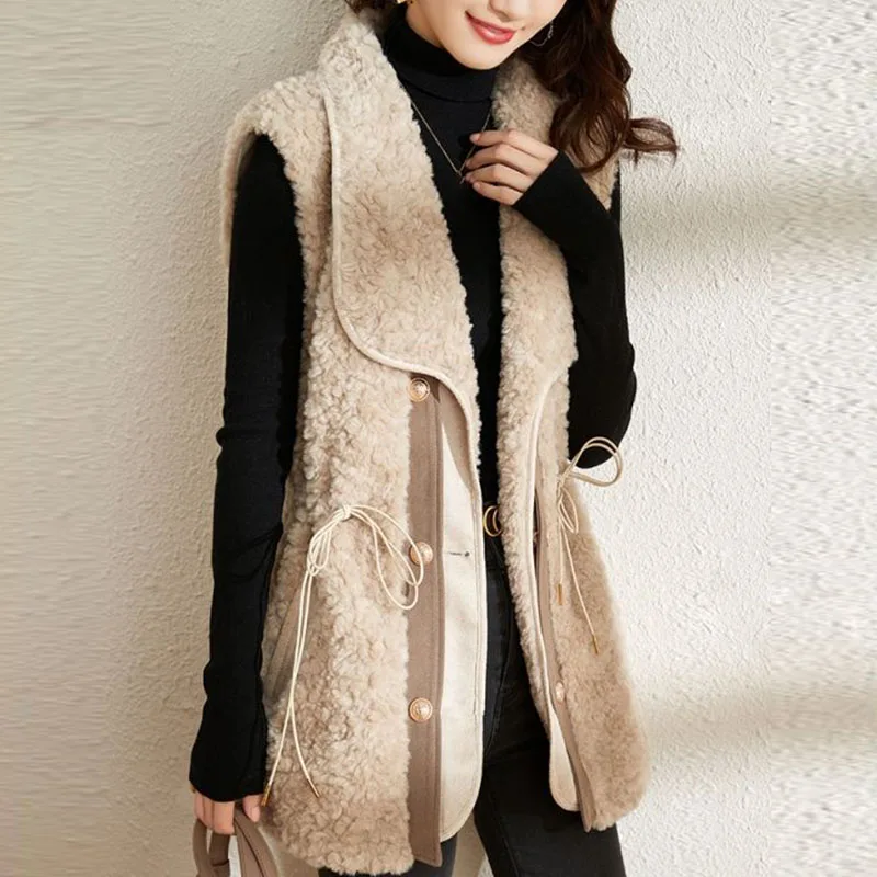 Winter Women Spliced Lamb Hair Vests Lace-up Fashion Elegant Vintage Slim Mid-Length Coat Office Lady Thicken Sleeveless Jacket