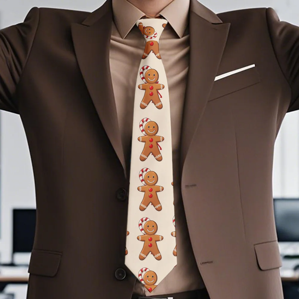 1 قطعة ربطة عنق حماسية لعيد الميلاد والزنجبيل للرجال نمط قصب الحلوى باللون البني والأحمر - بوليستر رسمي قابل للغسل في الغسالة #1