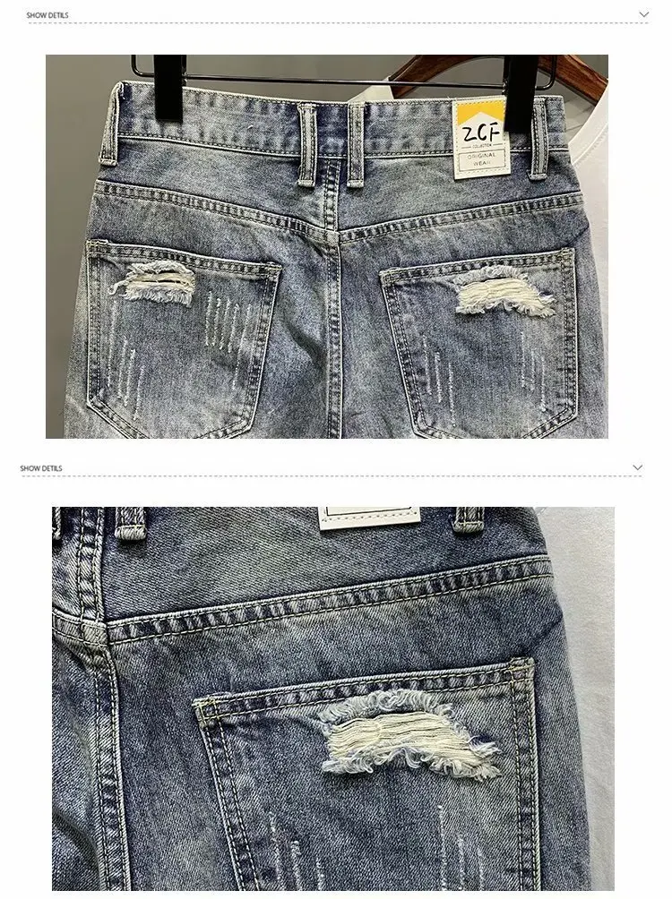 Men Summer Print Hole Torn Denim Shorts Korean Fashion Casual Five Piece Jeans Shorts