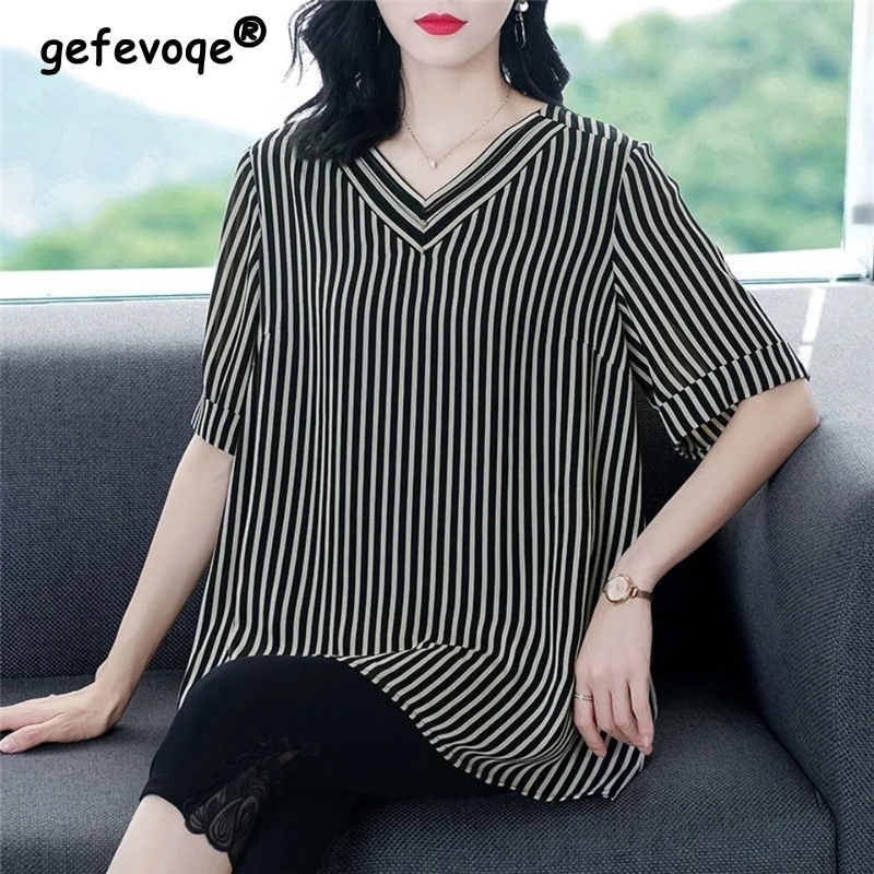 

Women Striped Print Oversized Elegant Tunic T Shirt 2023 Summer Fashion V Neck Short Sleeve Tops Casual Loose Tees Ropa De Mujer