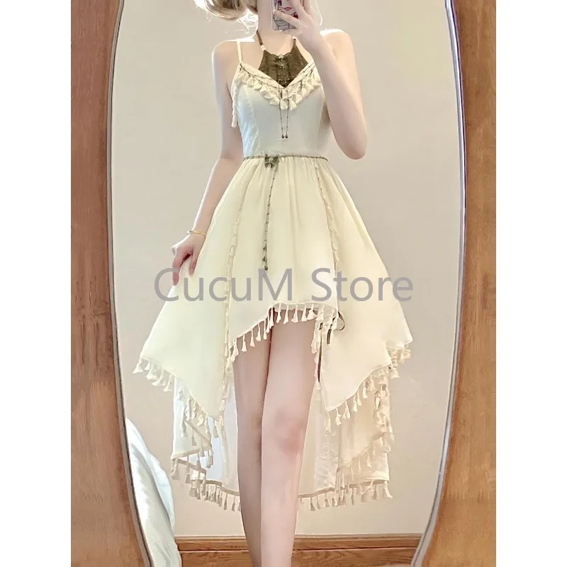 New Aesthetics Chinese Style Elegant Suit Woman Korean Fashion Set Casual Crop Tops + Irregular Sleeveless Tassels Dress Chic