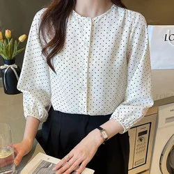 Women Clothing Elegant Fashion Polka Dot Chiffon Shirt Spring Summer Korean Version Casual Loose O-neck Blouses Office Lady Top