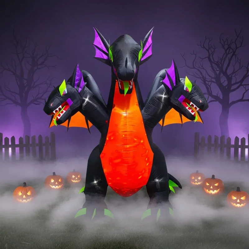 LED Light up Inflatable Two Headed Fire Breathing Dragon with Skeleton Dragon for Halloween Yard Decoration