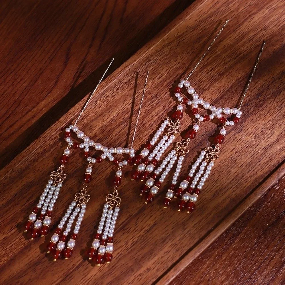 Vintage Chinese Hanfu Hairpins Faux Pearl Tassel Hair Sticks Song Dynasty Style Pair For Women Daily Wear Cosplay Wedding Events