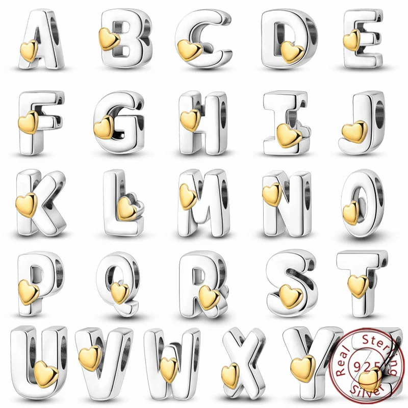 Charms aus 925er-Sterlingsilber, 26 Buchstaben, englisches Alphabet, Perlen, goldener Herz-Anhänger, passend für Original-Armbänder, DIY-Schmuckherstellung als Geschenk