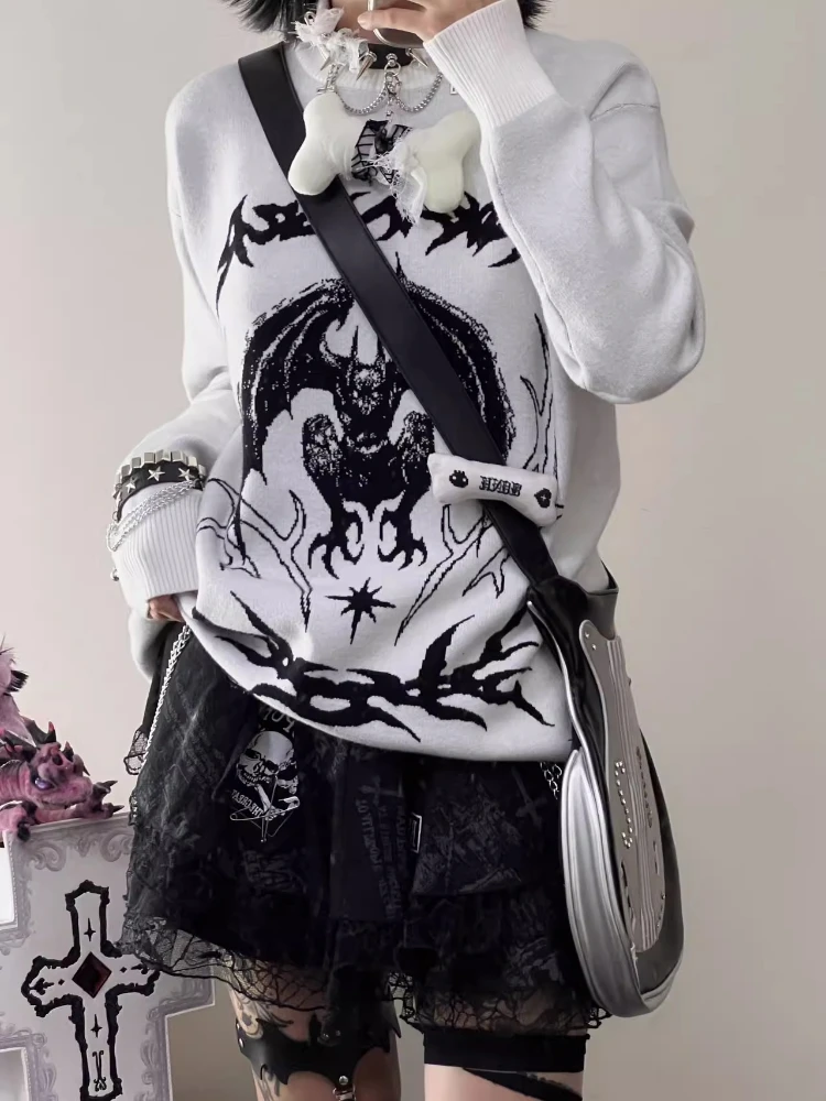 

Dark Gothic Graphic Print Sweater Women Autumn Winter Oversized White Knit Pullover Bat Demon Print Streetwear Slouchy Fit Top