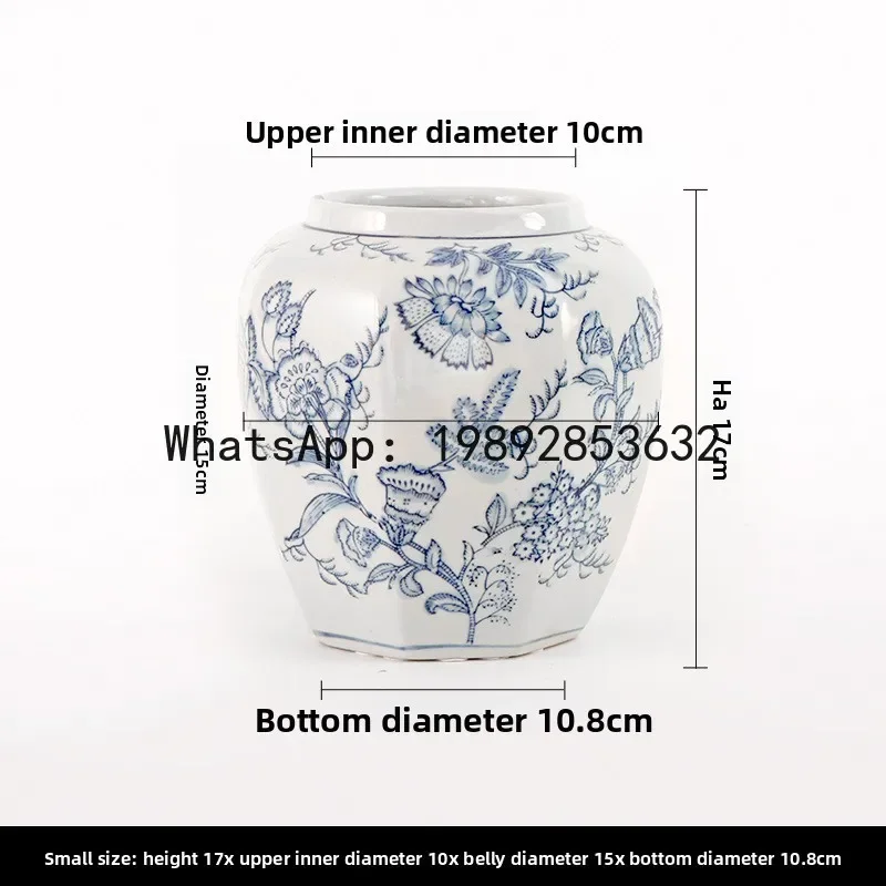 L14-Blue and White Porcelain Hand-painted  Octagonal General Jar Living Room Ceramic Ornament Jingdezhen Antique Decoration