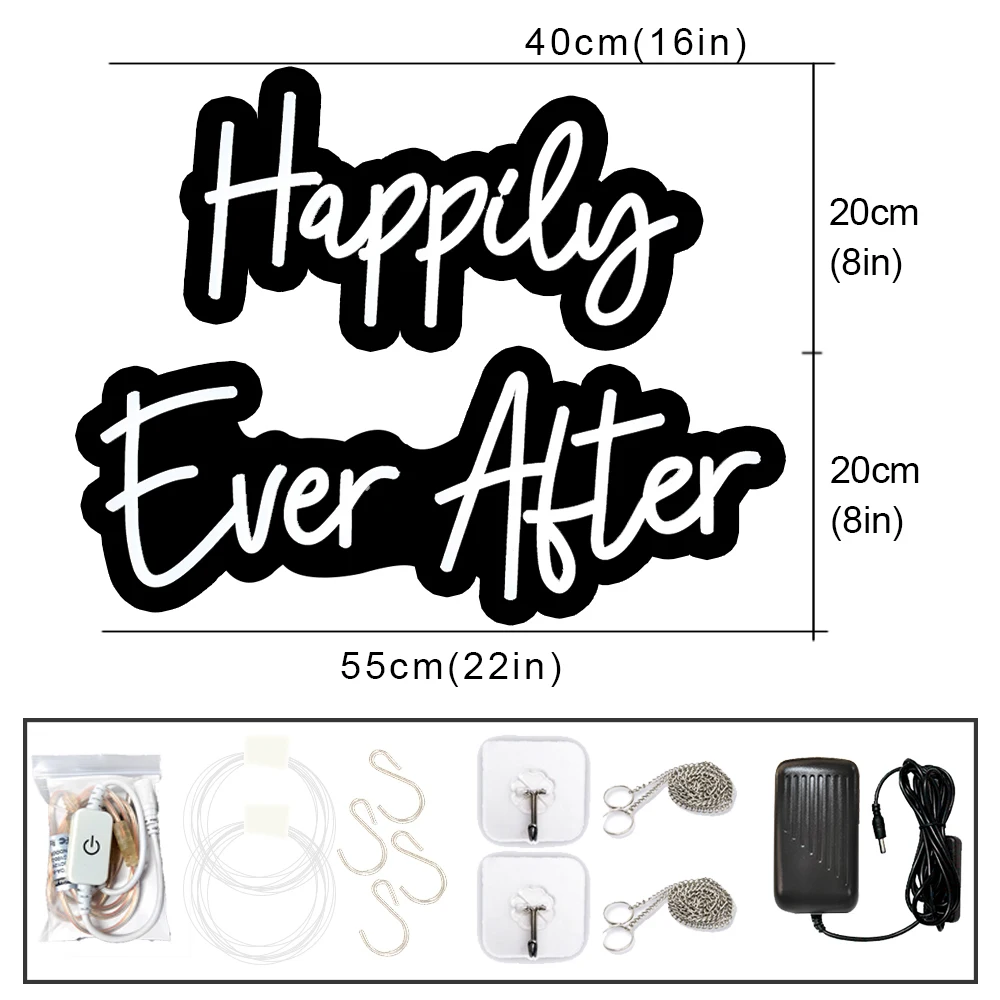 Signe néon happy pilu Ever After de grande taille, décoration murale pour mariage, panneaux roses mieux assortis pour chambre à coucher, fête