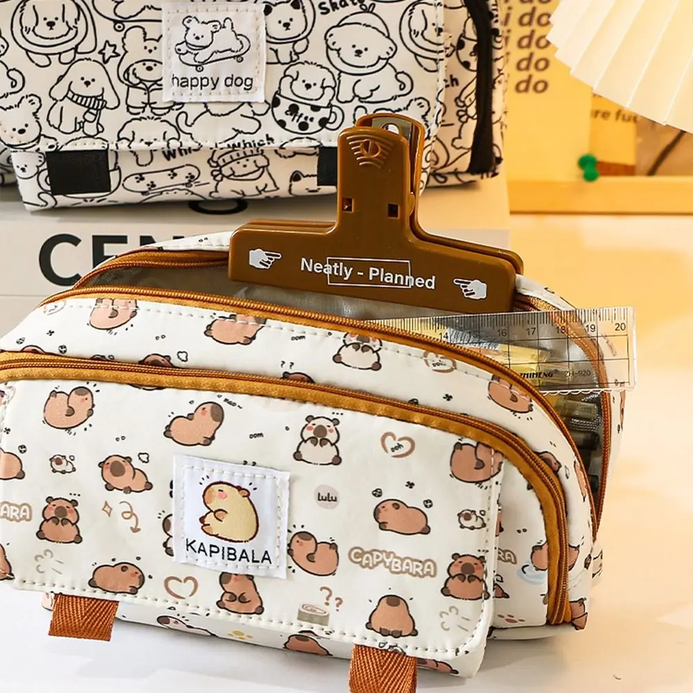 Multi Layer Capybara Stationery Bag Janpanese Canvas Large Capacity Capibara Pencil Bag Pencil Cases Cartoon Pen Pouch School