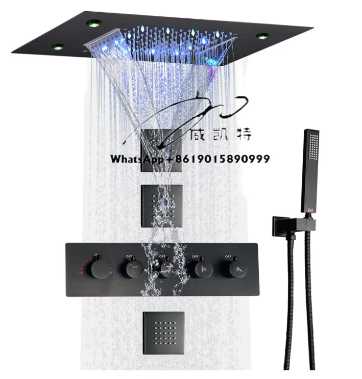 Oil Rubbed Bronze Thermostatic Rain Shower Faucet System 14 X 20 Inch LED Waterfall Rainfall Shower Head Bathroom Mixer Set