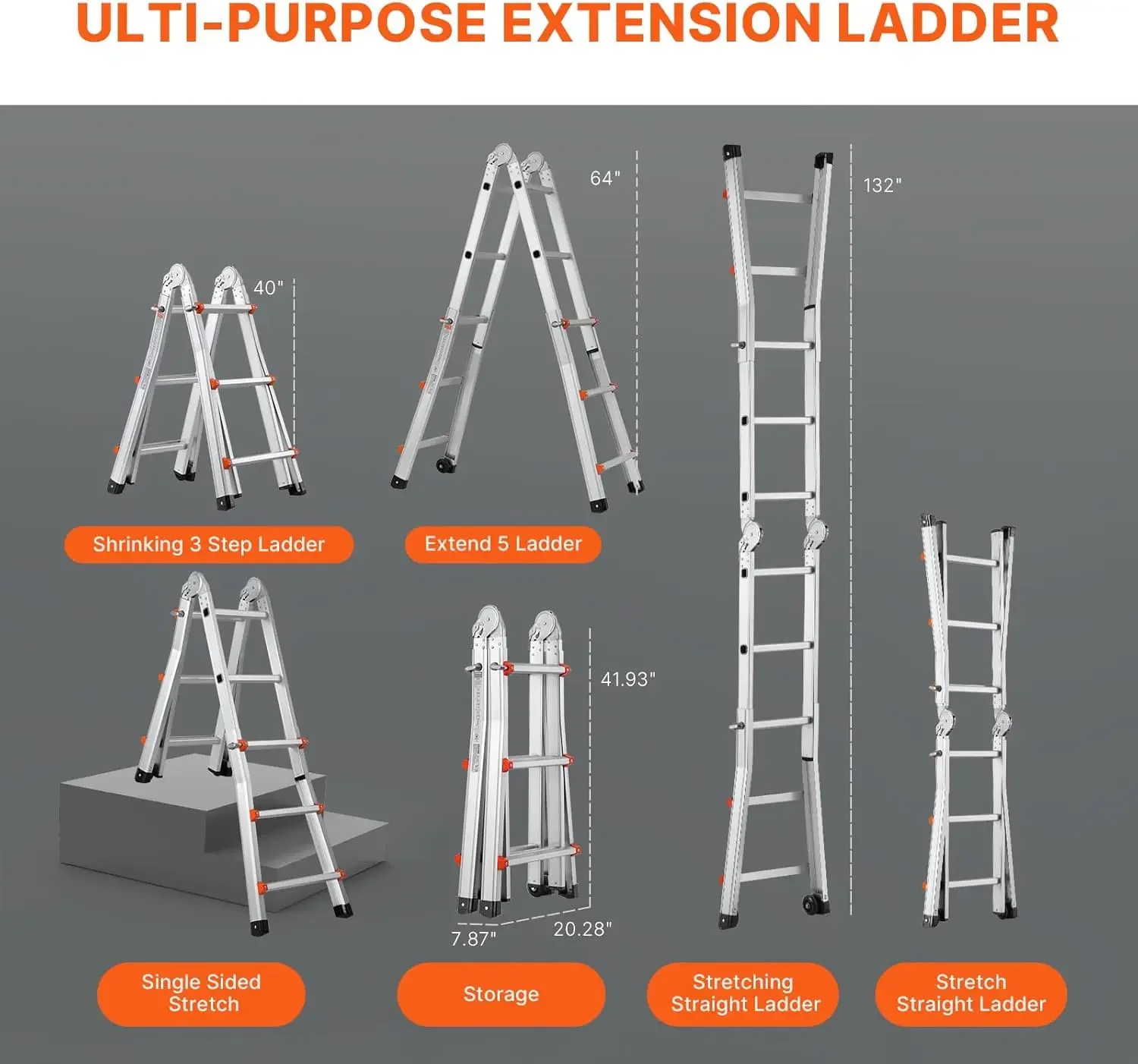 Telescoping Ladder A Frame, 10 FT Compact Aluminium Extension Ladder, Multi-Function Portable Collapsible RV Ladder, 330lb Load