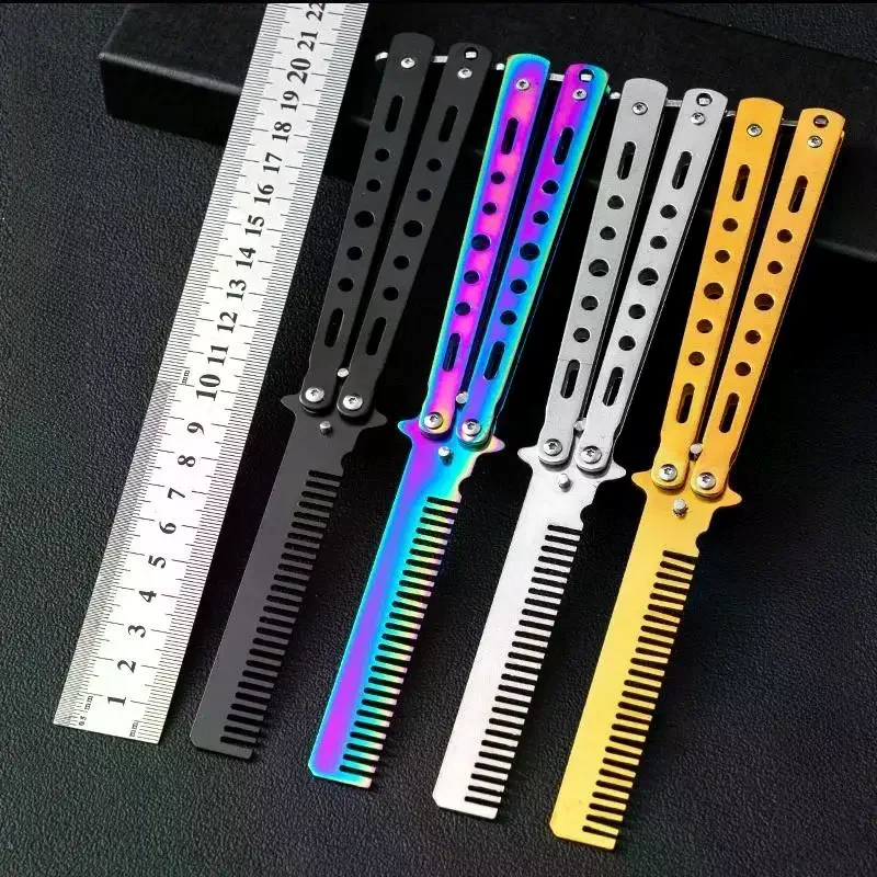 1Pcs Stainless Steel Practice Butterfly Knife Comb Beard Moustache Brush Salon Hairdressing Styling Foldable No Rust