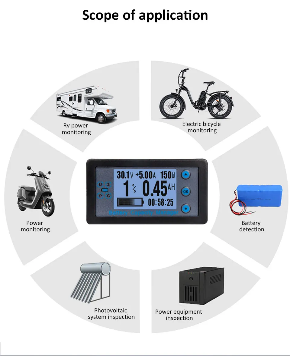 Kabelgebundener Shunt-Coulombmeter DC 8-120V 100/200/300/500A Energiemessgerät Batteriekapazitätstester Niederspannungsalarm LCD-Amperemeter Voltmeter – Detail 4