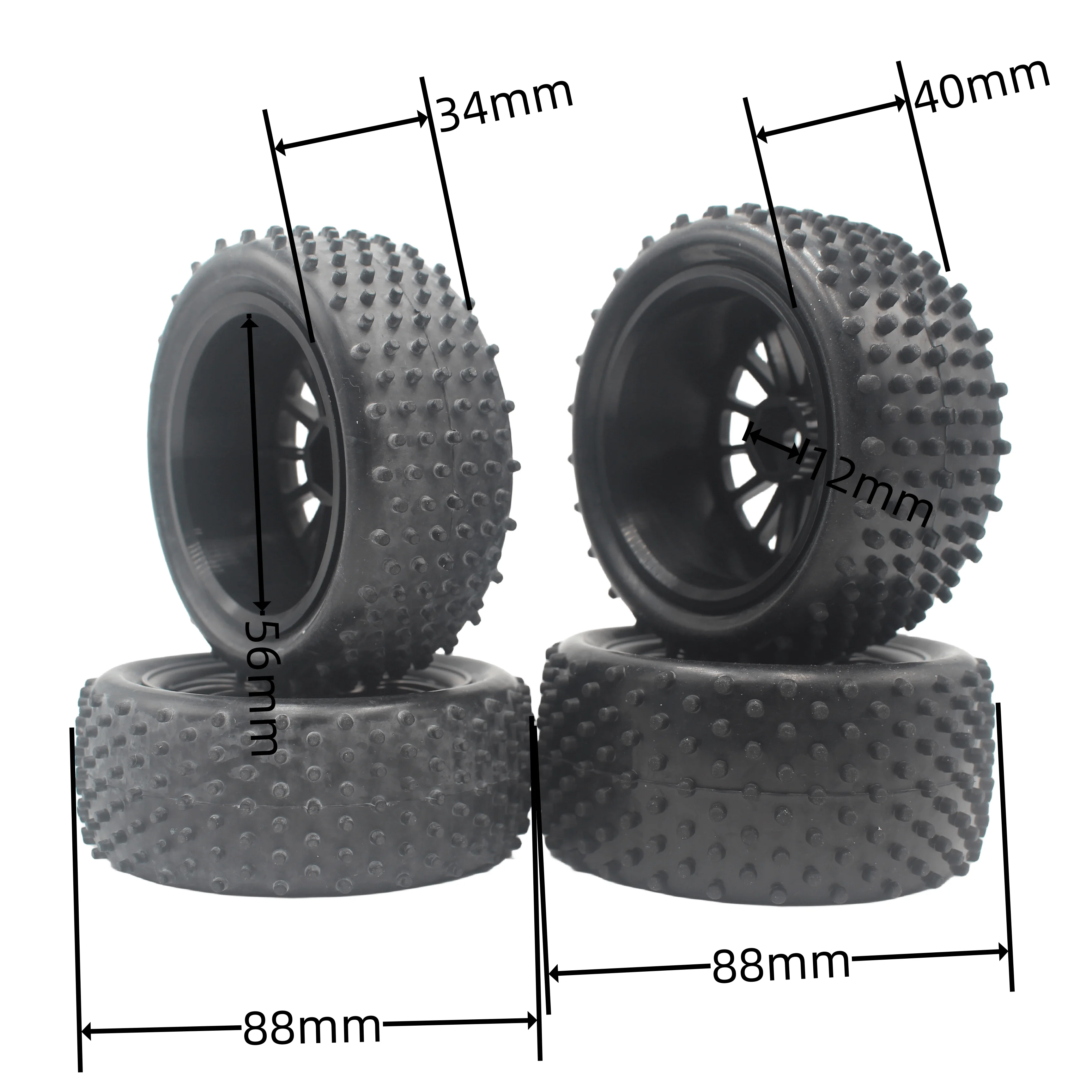 4pcs 1/10 Scale Buggy Off Road Tires Tyre Nylon Wheel for 1:10 4WD Buggy Tamiya Wltoys 144001 HSP 94107  Also For 1/12 1/14 1/16