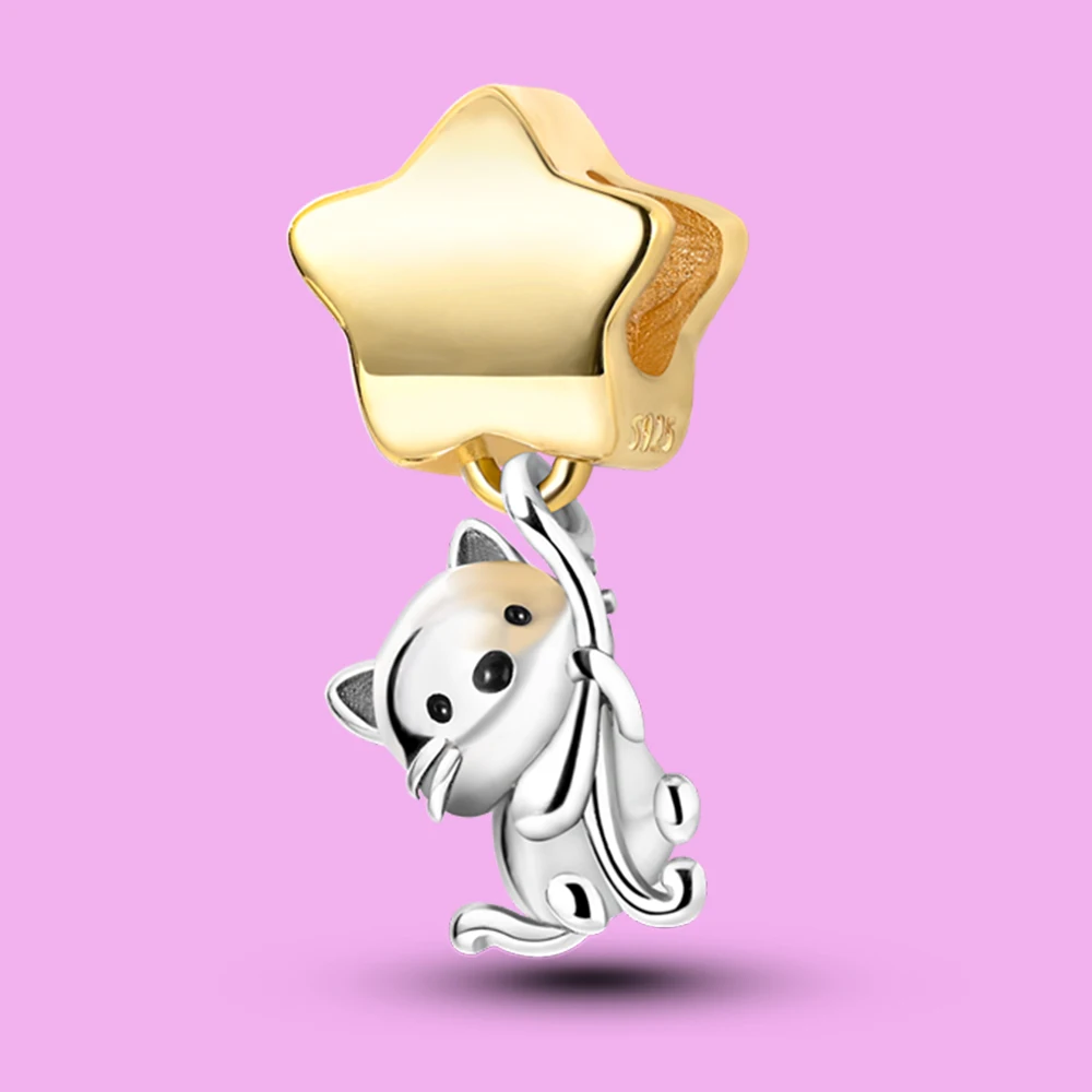 

Подвеска-шарм из стерлингового серебра 925 пробы, креативные бусины со звездами и котенком, подходят для оригинального браслета для изготовления ювелирных изделий, подарок на День святого Валентина