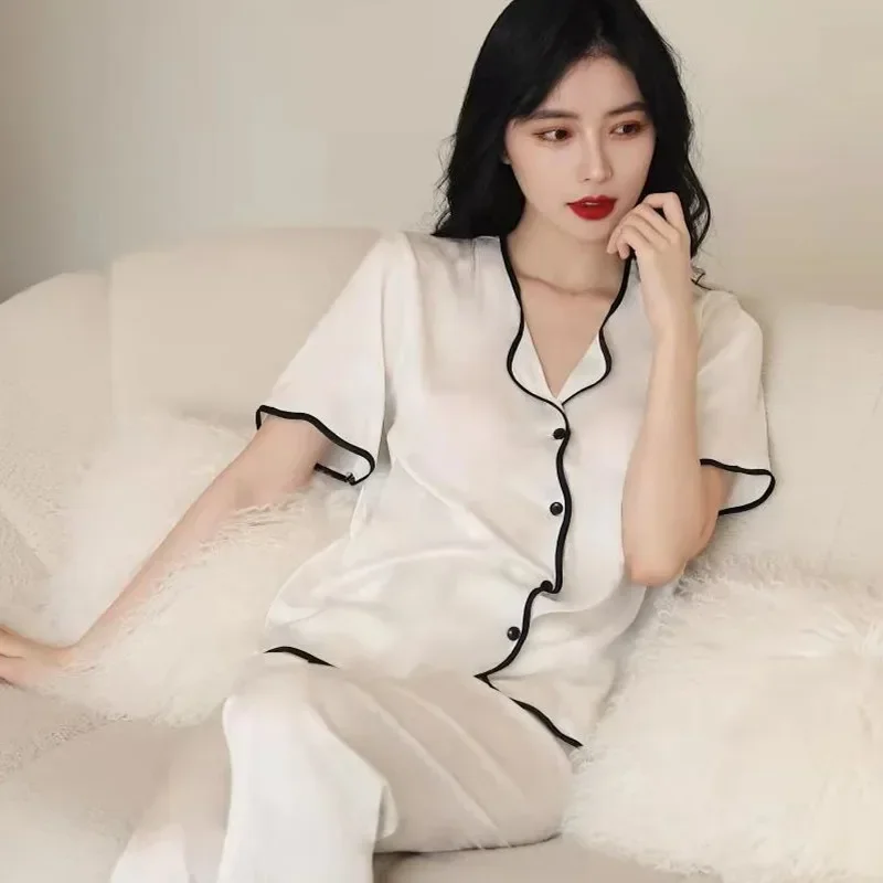 Pajamas Women's Suits Short-Sleeved Trousers Large Size Loose Ruffles Ice Silk Pajamas for Women Set Leisure Home Clothes
