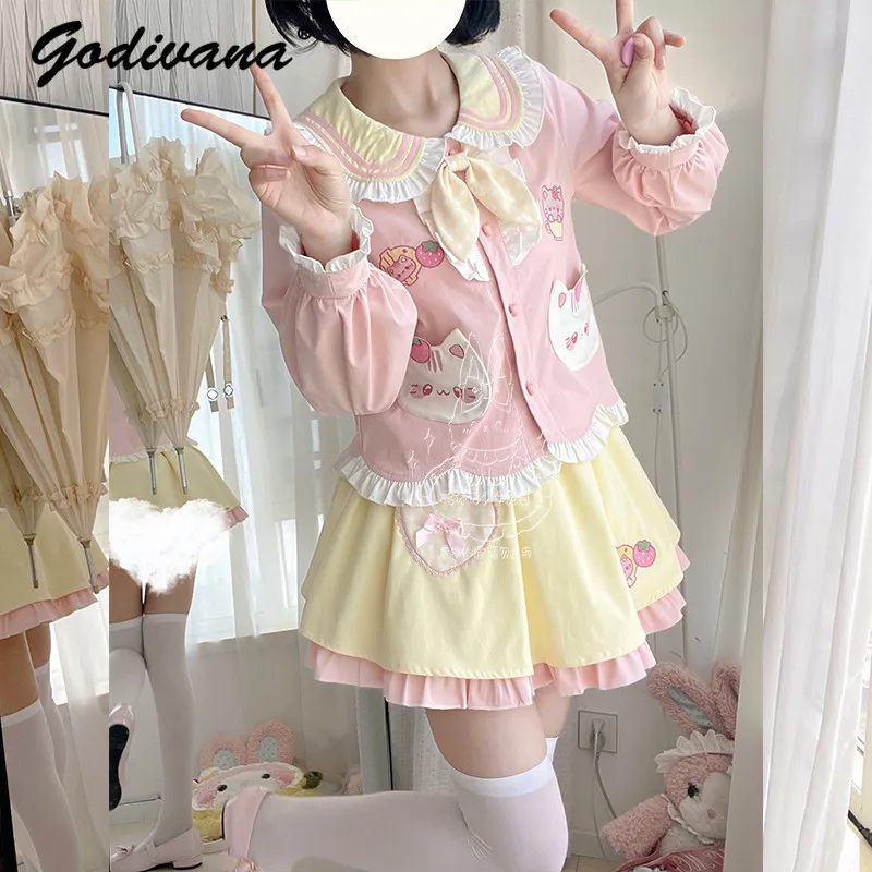 

New Spring Student Girl Cute Strawberry Sailor Suit Kindergarten JK Uniform Sweet Long Sleeve Top and Skirt College Style Outfit