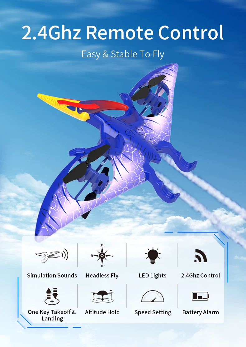 Drone de controle remoto de dinossauro luminoso colorido com efeito de som brinquedo de aeronave de simulação de 4 eixos para crianças