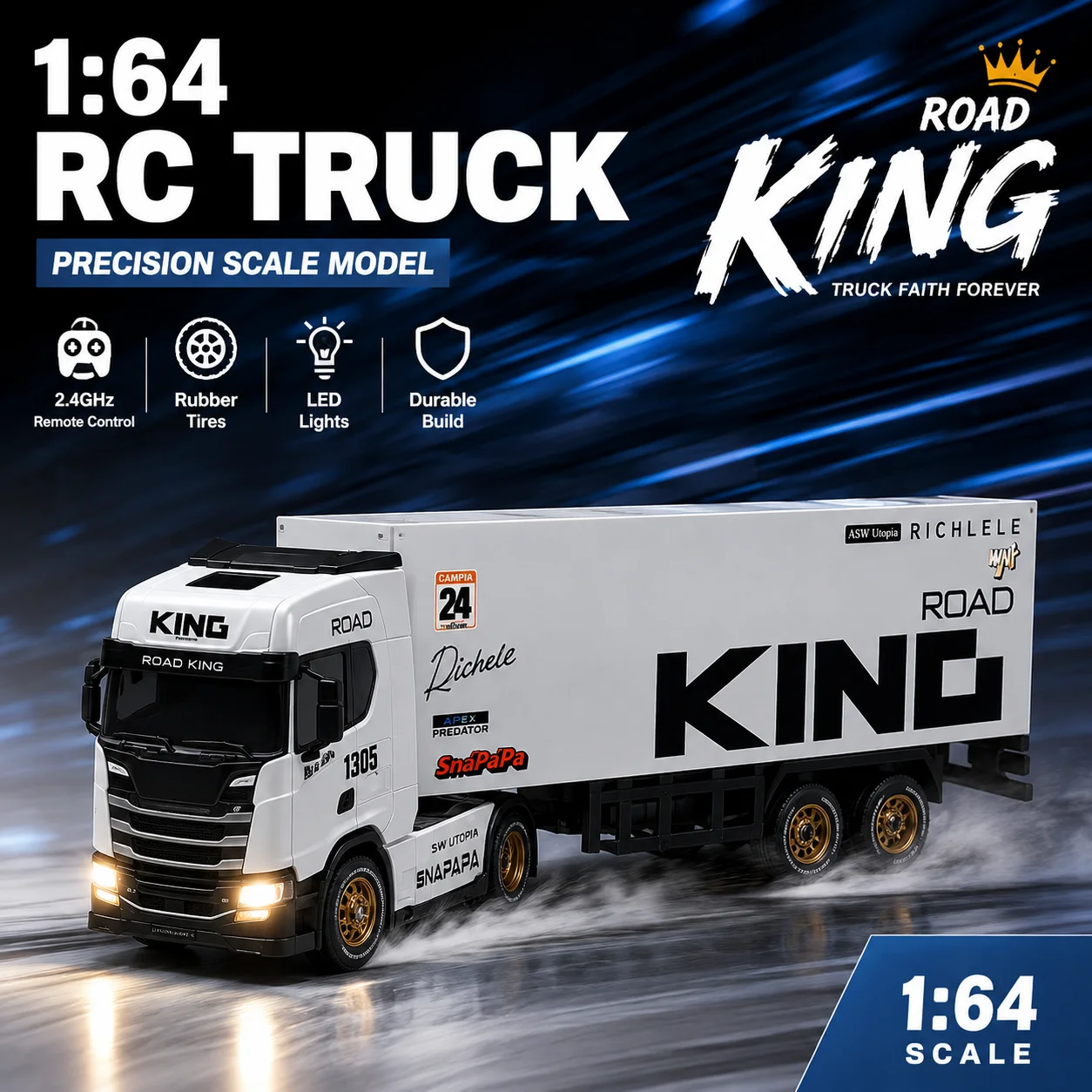 

WenNanFeng 1:64 RC Truck Road King with LED Lights, 2.4GHz Remote Control RubberDurable Scale Model Gift for Kids Adults