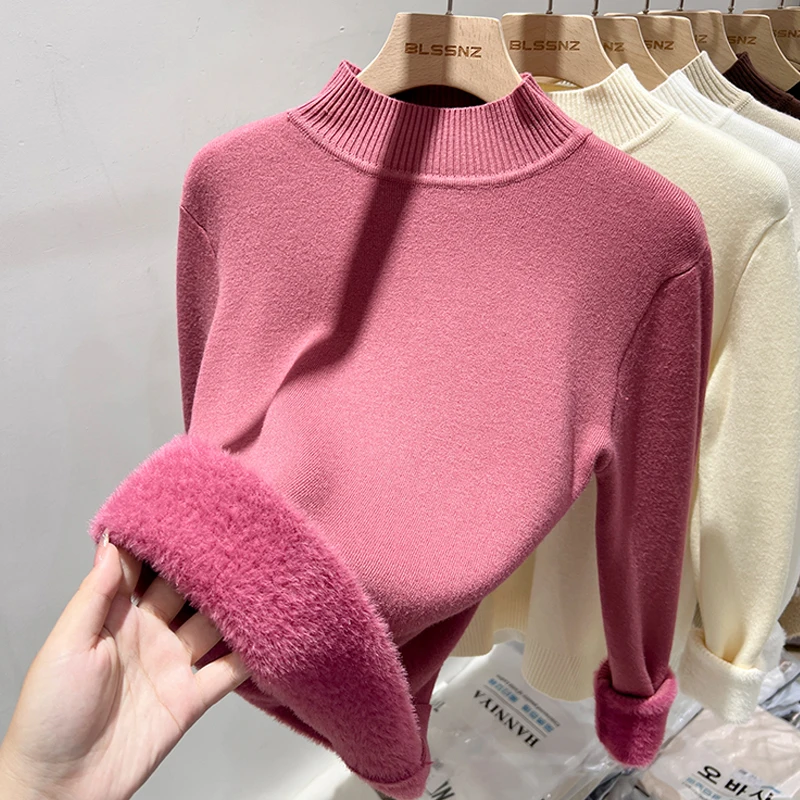 캐주얼 단색 슬림핏 이너 니트웨어 신상 겨울 여성용 긴팔 목폴라 스웨터 패션 여성용 따뜻한 니트 탑15