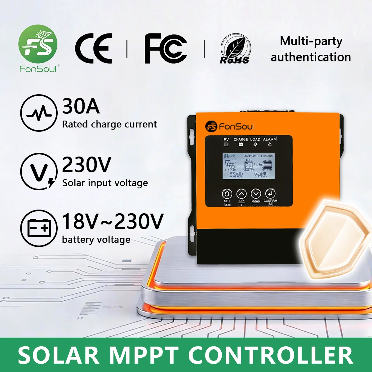 Fonsoul 30A 60A 120A MPPT Solar Controller PV 18V-230VDC for 12V 24V 48V 60V 72V 96V Lead acid Lithium Battery WiFi Monitoring