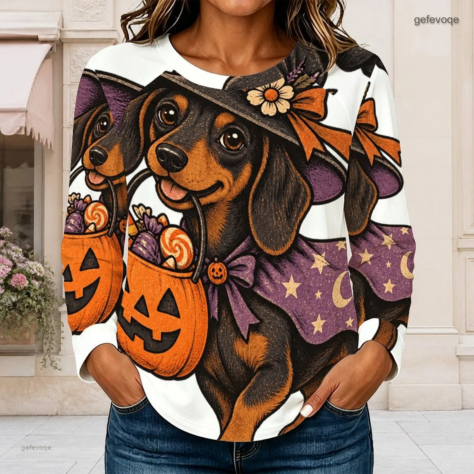 Women Printed Round Neck Long Sleeve Top, Cute Halloween Dachshund Witch Jack-O-Lantern Pattern