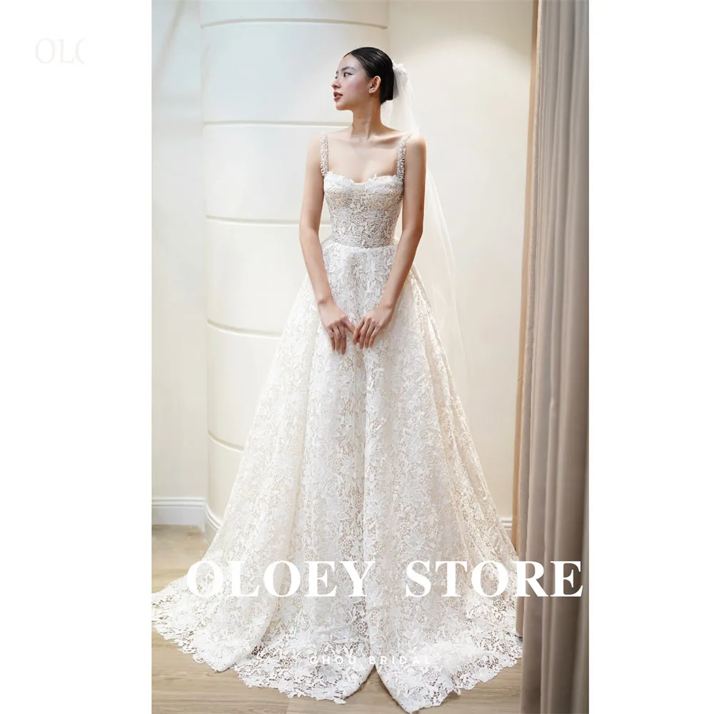 OLOEY Exquisite A Line Lace Wedding Dresses Korea Photo shoot Wide Straps Sweep Train Bridal Gowns Vestidos de noiva Customized