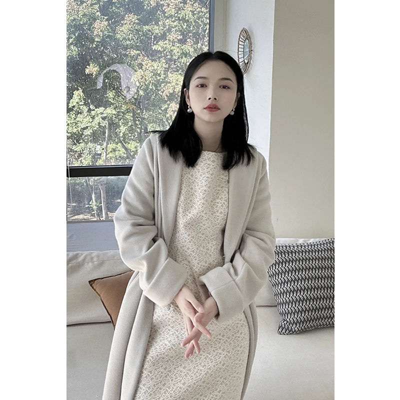 Winter New Arrival: Loose Lazy Sle Woolen Coat Long Sve Mid-Length Polyester Fiber Commute Sle Women's Premium Faion