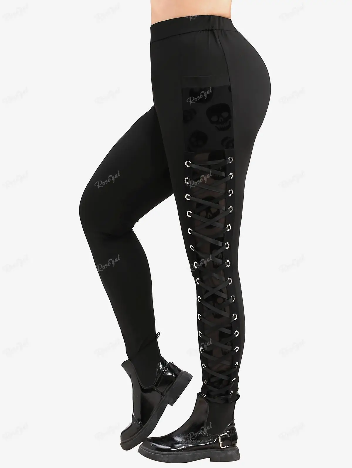 ROSEGAL Plus Size Skull Grommets Lace Up Leggings Women All Season Streetwear Casual Pencil Pants Black Skinny Trousers Mujer