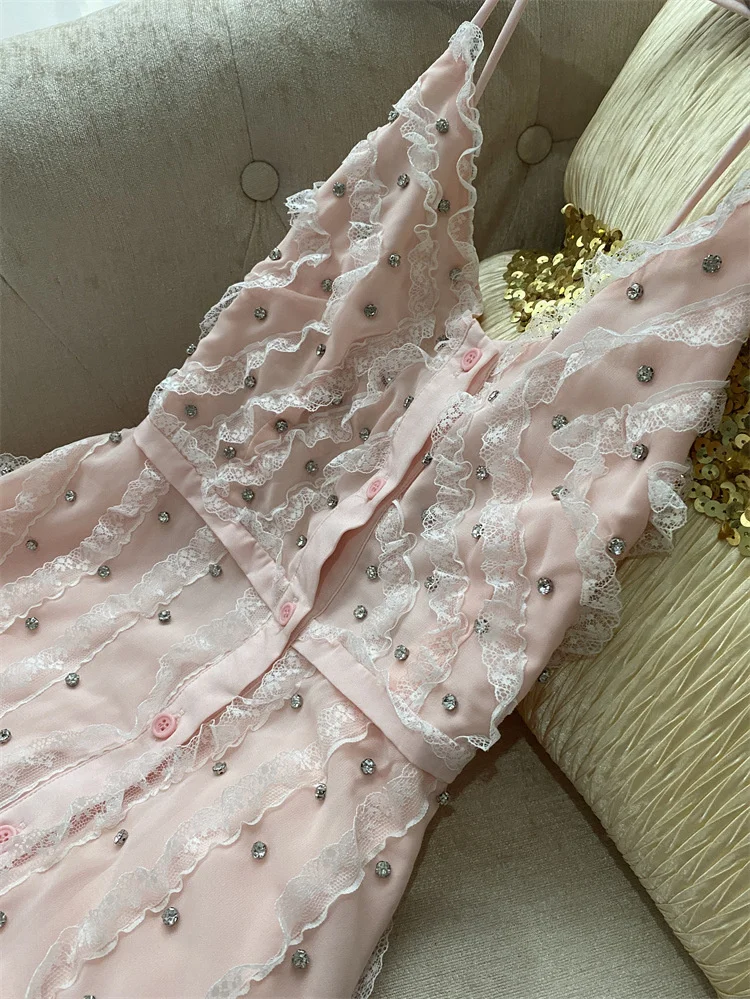 Hot Rhinestone French V-neck Strap Women Sexy Backless Pink Gentle Seaside Vacation Maxi Dress 2023 Spring Summer Vestidos