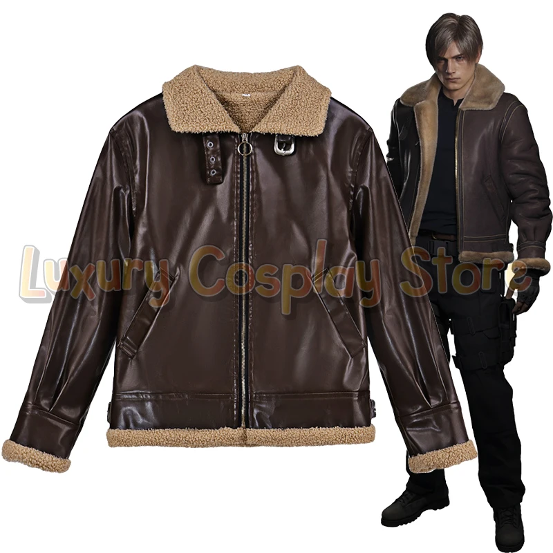 Disfraz de Cosplay de Leon Scott Kennedy del juego Resident Remake, Chaqueta de Aviador de Cuero Sintético Marrón, Abrigo de Invierno para Hombre, Traje para Fiesta de Halloween