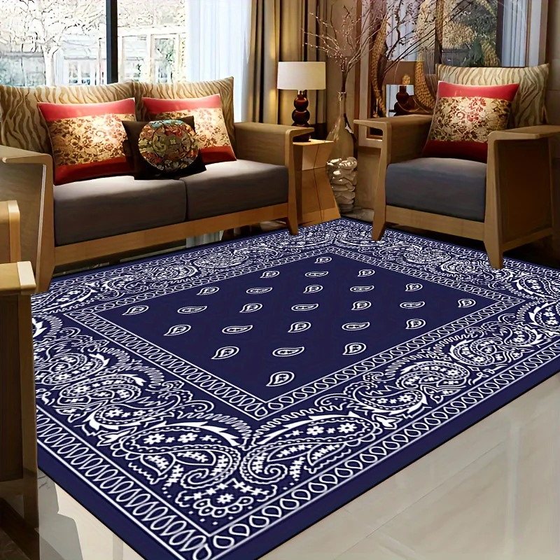 1pc 'Blue Background with Double Frames and Dense Patterns Inside' Non-slip Resistant Rug, Machine Washable, High Quality Carpet