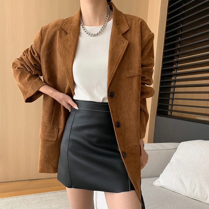 2024 Women Autumn Blazer Jacket Coat Turn Down Collar Long Sleeve Fake Suede Tops Single Button Tops For Women New In Outerwears