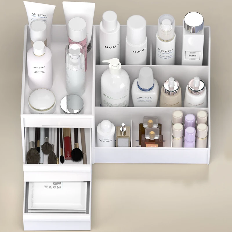 Caja organizadora de maquillaje blanca nueva de 1 pieza, estante de plástico para dormitorio, organizador de cosméticos y cuidado de la piel para tocador